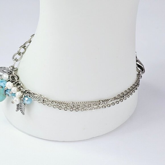 Silver Leaf Charm Bracelet With Turquoise Blue Stone And Beaded Accents NWT - Picture 5 of 12